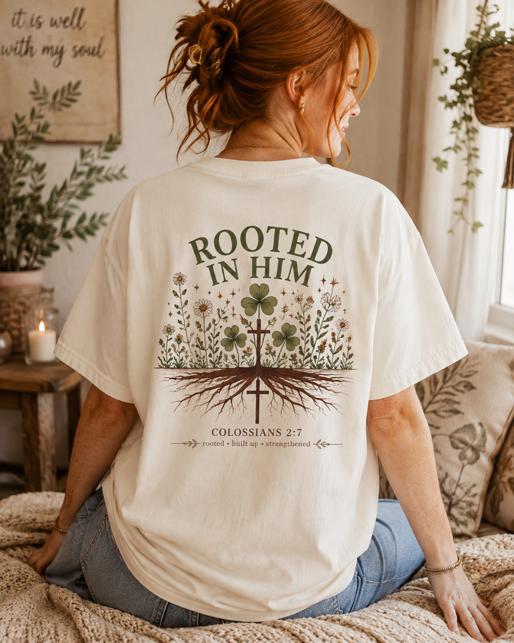 Rooted in Him Christian Shirt | Colossians 2:7 Floral Tee | Comfort Colors Faith T-Shirt