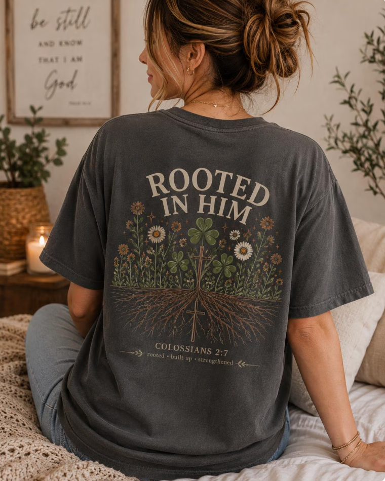 Rooted in Him Christian Shirt | Colossians 2:7 Floral Tee | Comfort Colors Faith T-Shirt