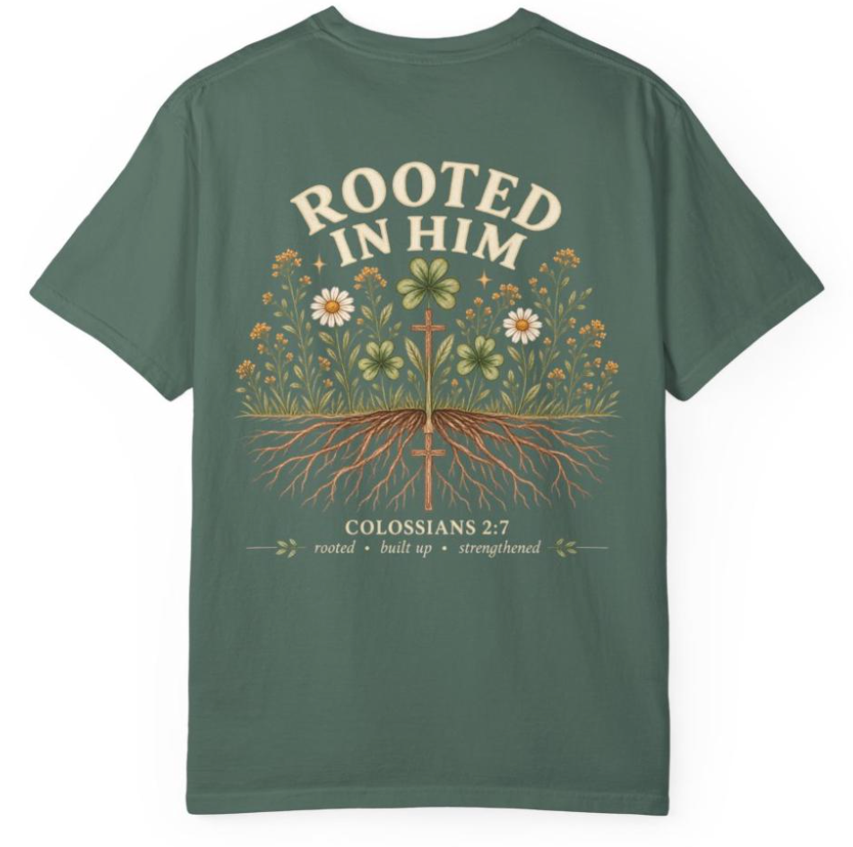 Rooted in Him Christian Shirt | Colossians 2:7 Floral Tee | Comfort Colors Faith T-Shirt