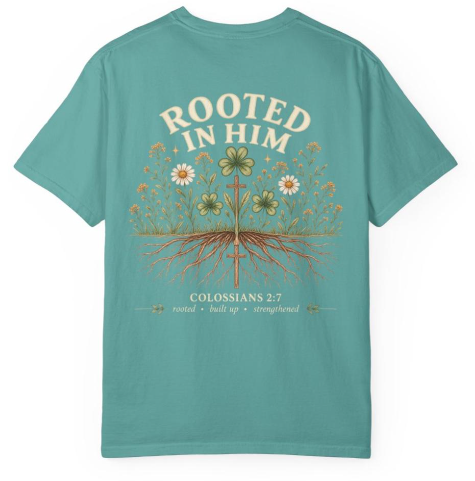Rooted in Him Christian Shirt | Colossians 2:7 Floral Tee | Comfort Colors Faith T-Shirt