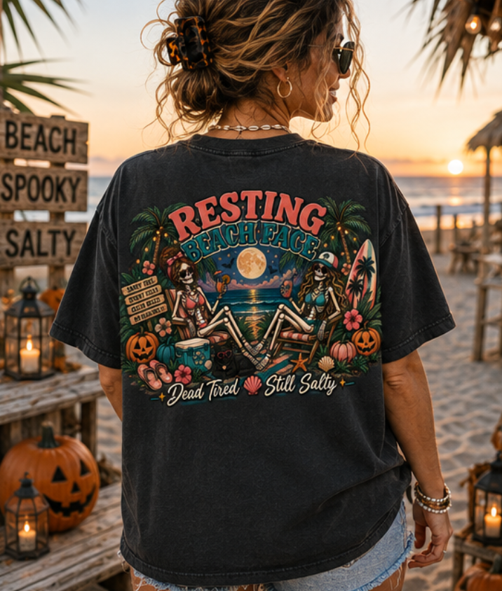 Resting Beach Face T-shirt | Tropical Sunset, Palm Trees, Halloween