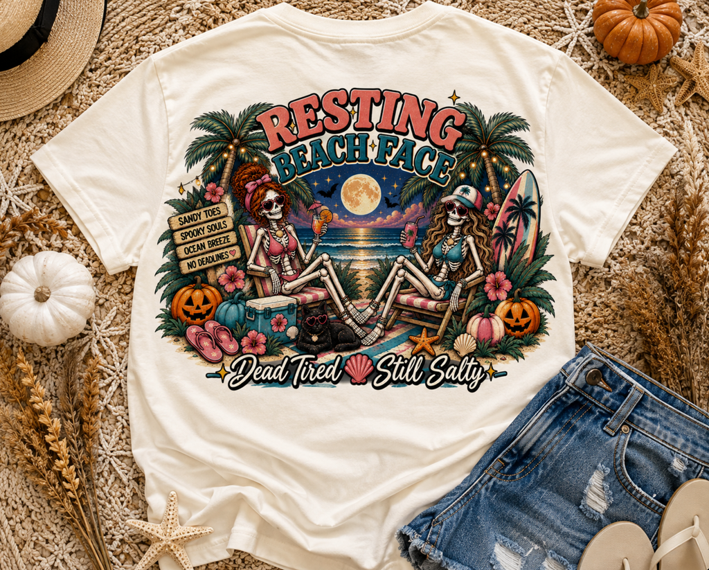 Resting Beach Face T-shirt | Tropical Sunset, Palm Trees, Halloween