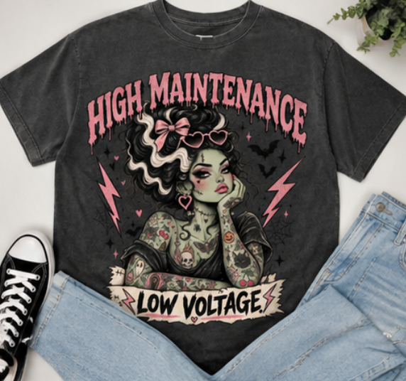 Franken-SIS - High Maintenance Low Voltage T-Shirt | Retro Pinup Girl Illustration
