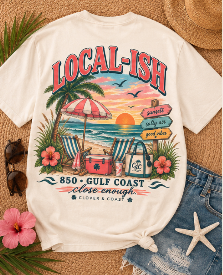 Local-ish Beach Scene T-shirt | Gulf Coast Sunset Palm Graphic
