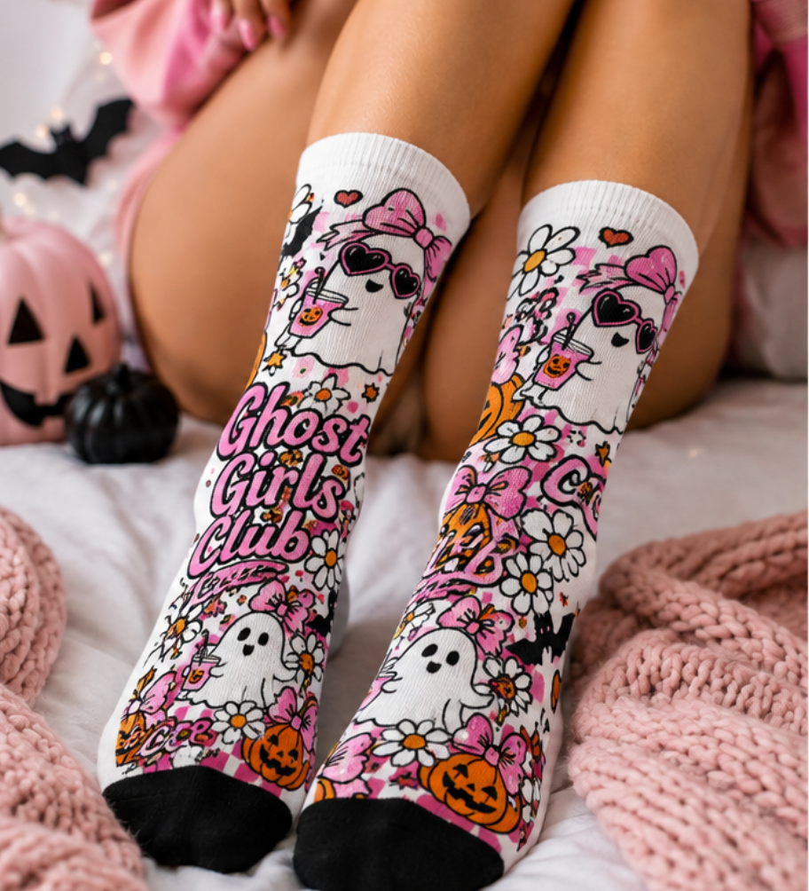 Ghost Girls Club Halloween Socks. - Cute Pink Ghost Crew Socks
