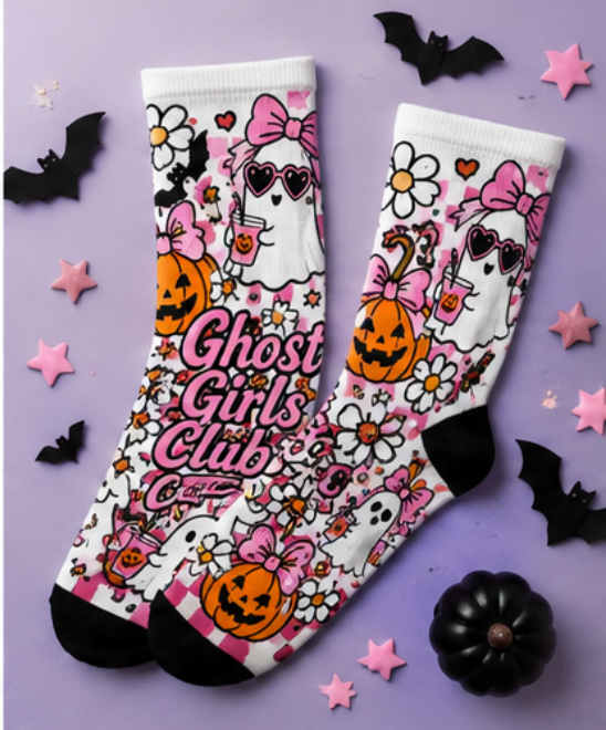 Ghost Girls Club Halloween Socks. - Cute Pink Ghost Crew Socks