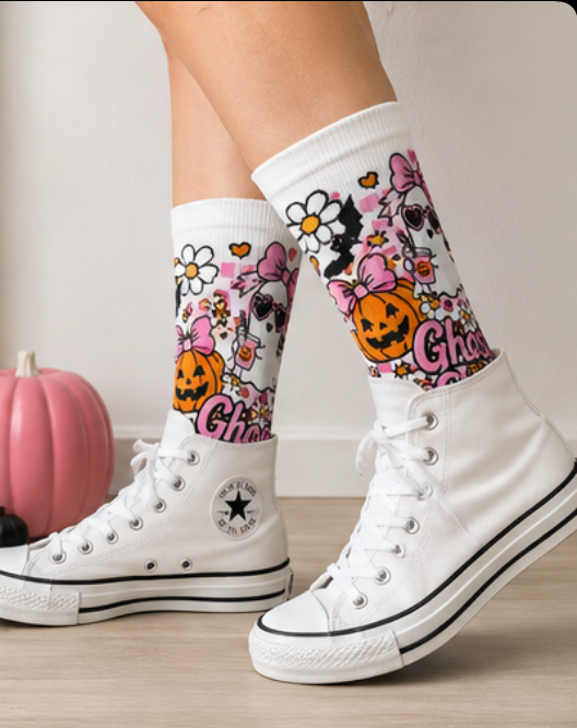 Ghost Girls Club Halloween Socks. - Cute Pink Ghost Crew Socks