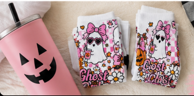 Ghost Girls Club Halloween Socks. - Cute Pink Ghost Crew Socks