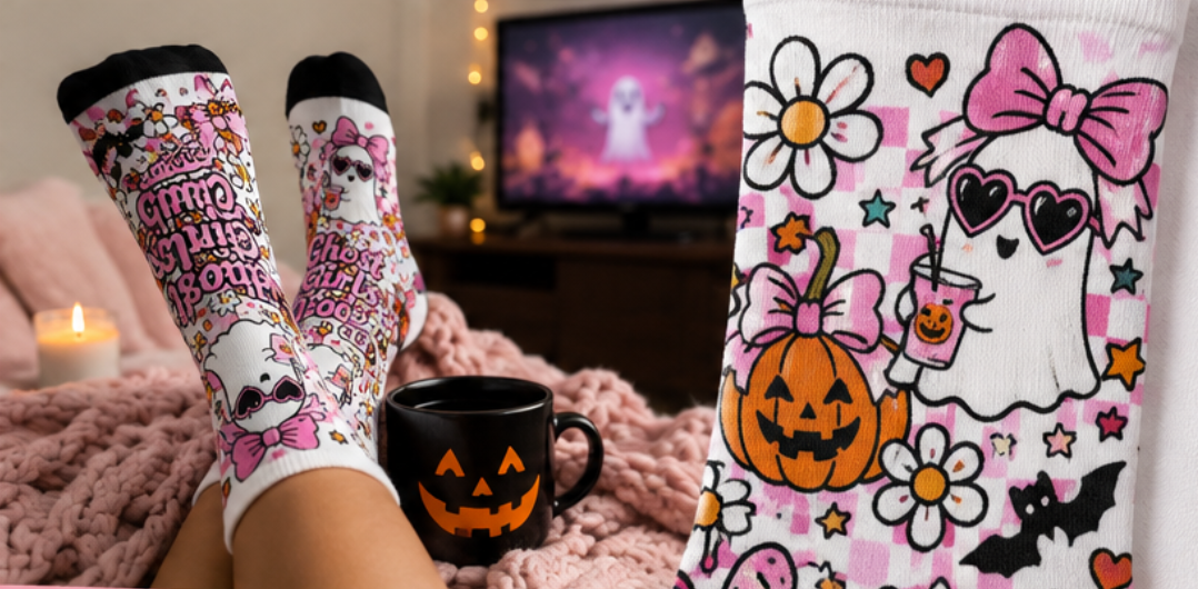 Ghost Girls Club Halloween Socks. - Cute Pink Ghost Crew Socks