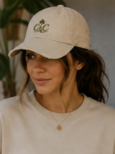 Khaki Distressed Dad Hat | Olive Green Clover Logo Cap | Coastal Baseball Hat | Clover and Coast