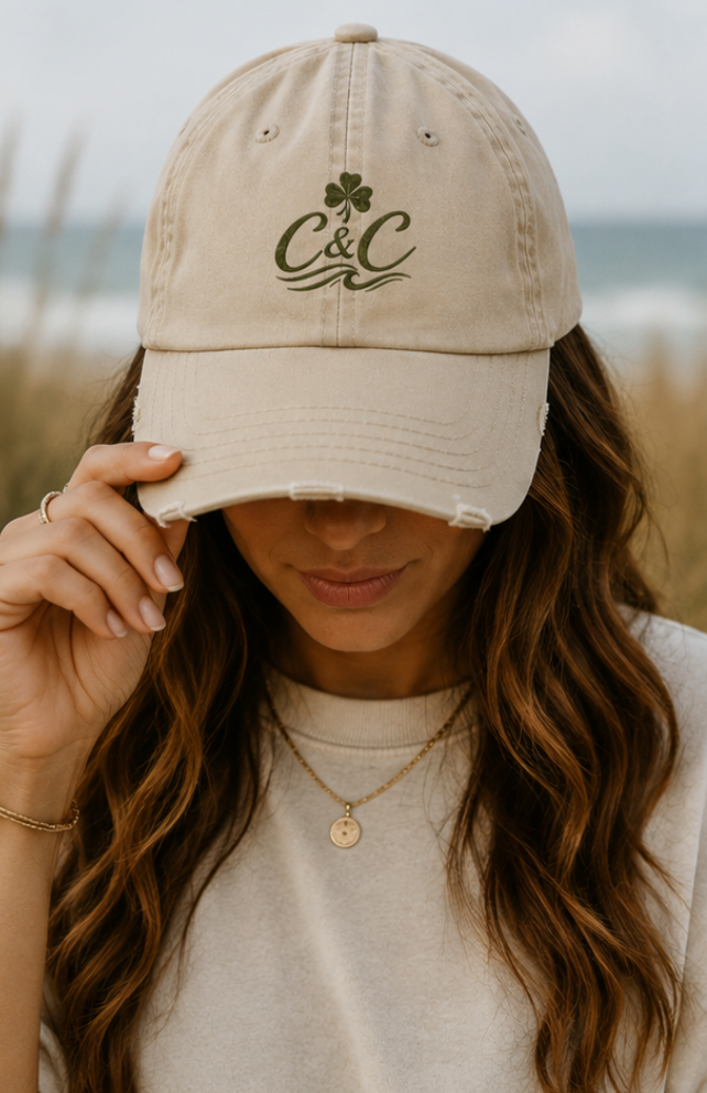 Khaki Distressed Dad Hat | Olive Green Clover Logo Cap | Coastal Baseball Hat | Clover and Coast