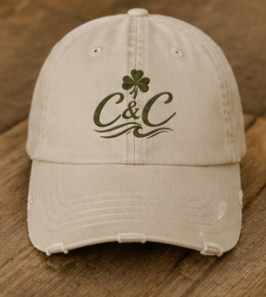 Khaki Distressed Dad Hat | Olive Green Clover Logo Cap | Coastal Baseball Hat | Clover and Coast