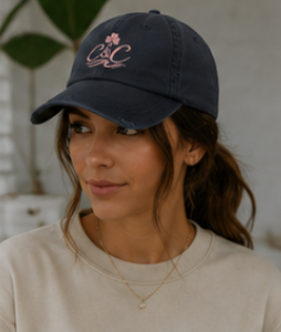 Navy Distressed Dad Hat | Blush Pink Clover Logo Cap | Coastal Baseball Hat | Clover and Coast