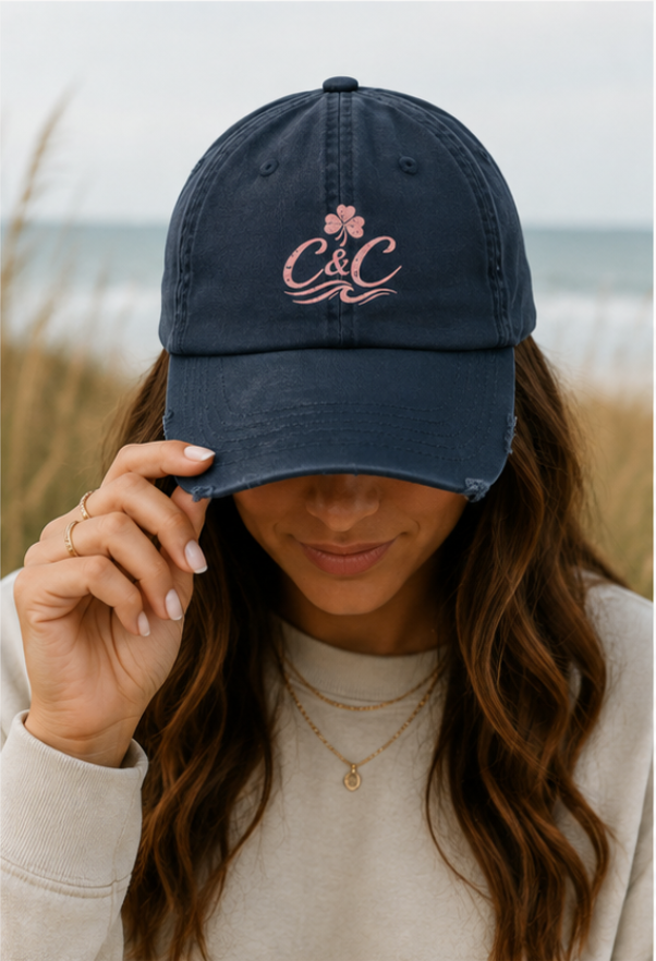 Navy Distressed Dad Hat | Blush Pink Clover Logo Cap | Coastal Baseball Hat | Clover and Coast