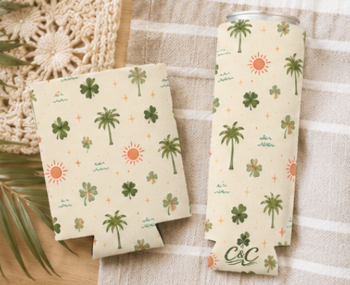 Clover & Coast Can Cooler | Coastal Clover Koozie | Palm Tree Drink Sleeve | Cute Beach Can Cooler
