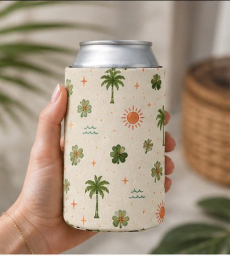 Clover & Coast Can Cooler | Coastal Clover Koozie | Palm Tree Drink Sleeve | Cute Beach Can Cooler