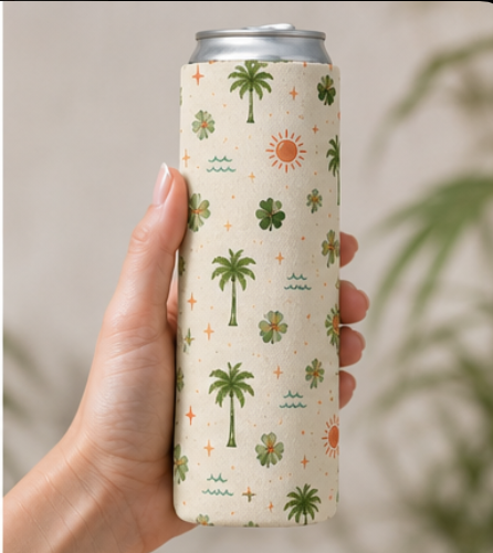 Clover & Coast Can Cooler | Coastal Clover Koozie | Palm Tree Drink Sleeve | Cute Beach Can Cooler