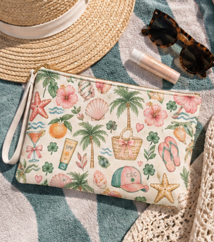 Coastal Clutch Bag | Cute Beach Makeup Bag | Palm Tree Travel Pouch | Clover & Coast Wristlet