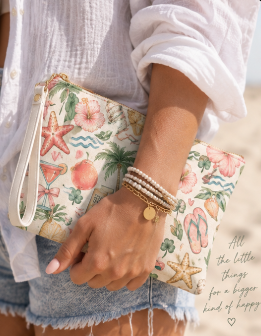 Coastal Clutch Bag | Cute Beach Makeup Bag | Palm Tree Travel Pouch | Clover & Coast Wristlet