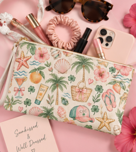 Coastal Clutch Bag | Cute Beach Makeup Bag | Palm Tree Travel Pouch | Clover & Coast Wristlet