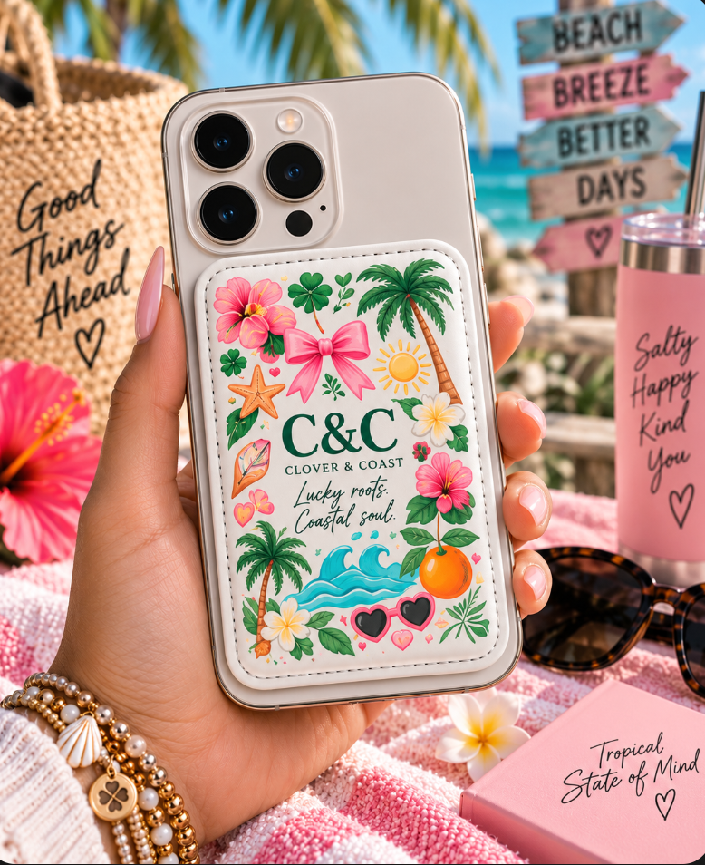 Clover & Coast MagSafe Wallet | Cute Coastal Phone Card Holder | Tropical iPhone Wallet | Vegan Leather Card Wallet