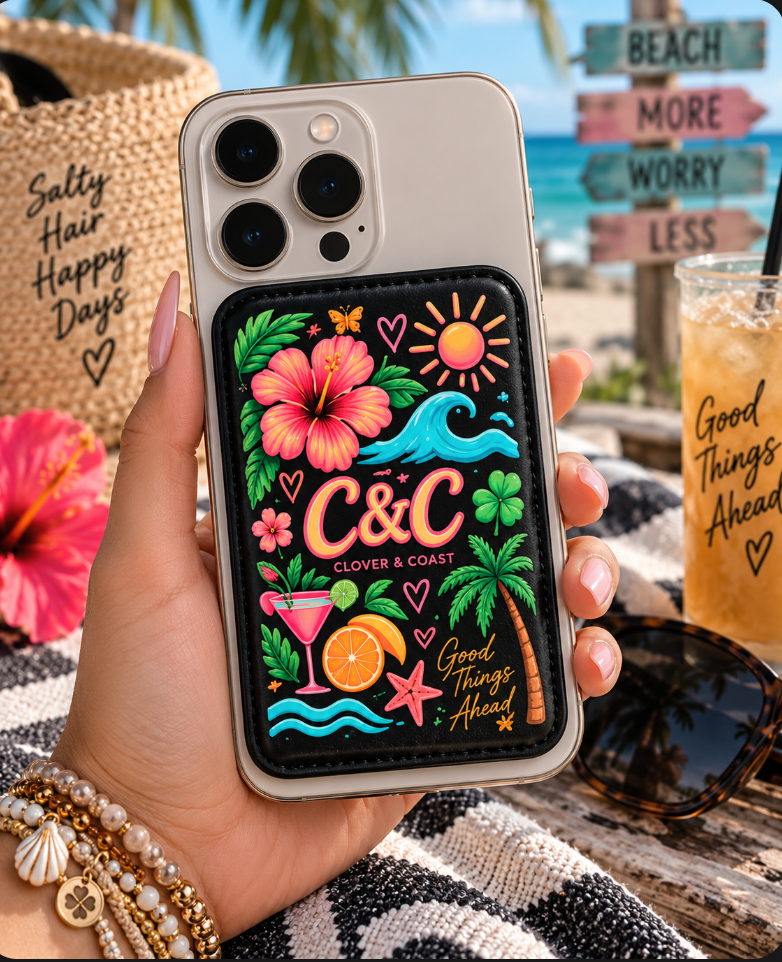 Clover & Coast MagSafe Wallet | Cute Coastal Phone Card Holder | Tropical iPhone Wallet | Vegan Leather Card Wallet