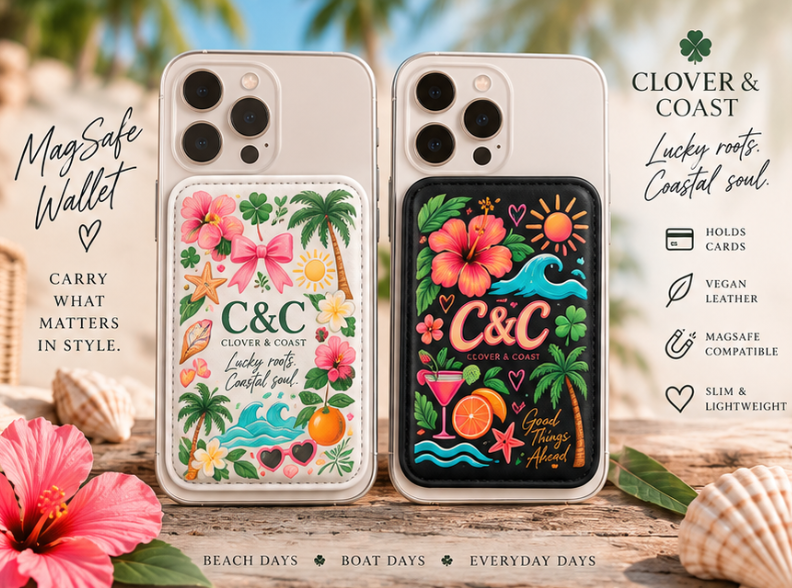 Clover & Coast MagSafe Wallet | Cute Coastal Phone Card Holder | Tropical iPhone Wallet | Vegan Leather Card Wallet