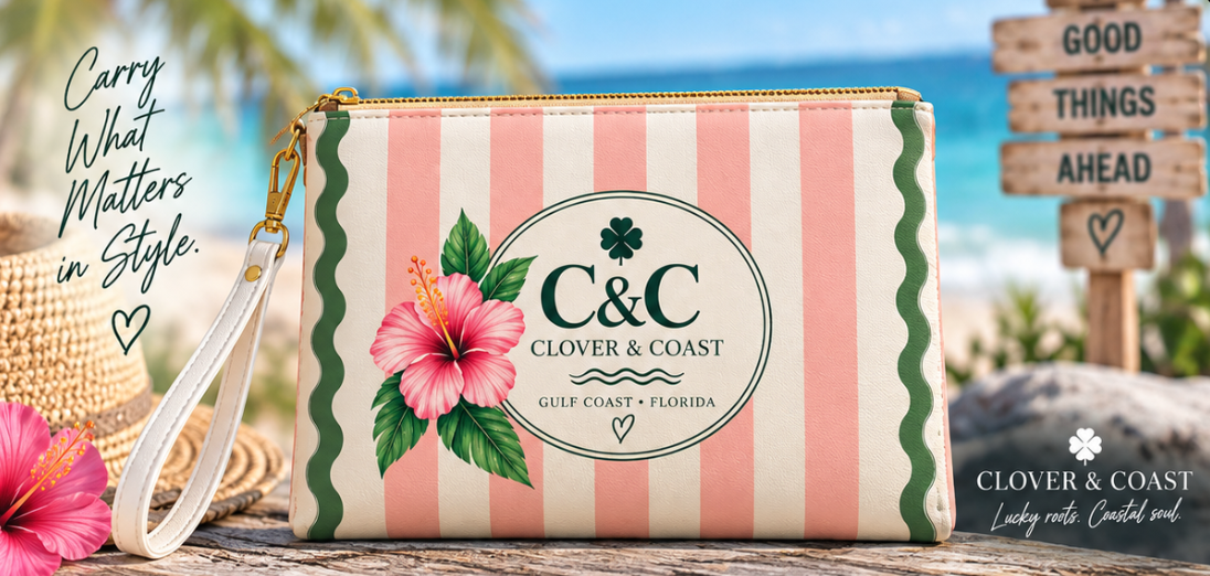 Clover & Coast Resort Clutch | Pink Striped Coastal Wristlet | Preppy Beach Clutch Bag | Cute Travel Pouch