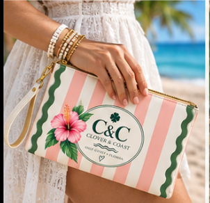 Clover & Coast Resort Clutch | Pink Striped Coastal Wristlet | Preppy Beach Clutch Bag | Cute Travel Pouch