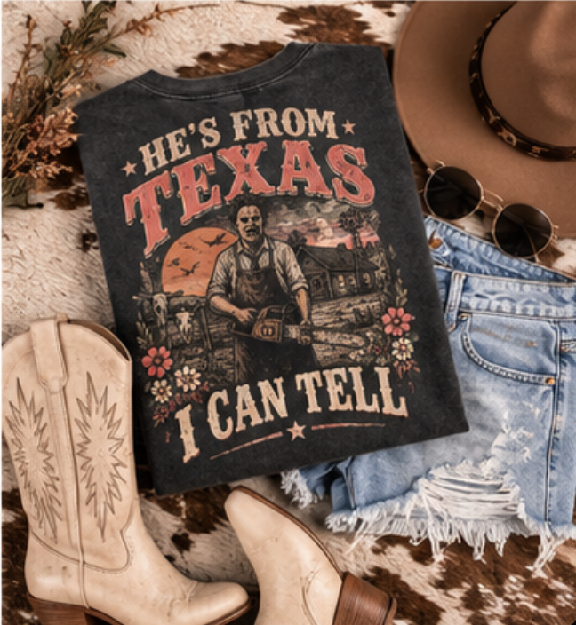 He’s From Texas I Can Tell T-Shirt | Funny Halloween Chainsaw Tee