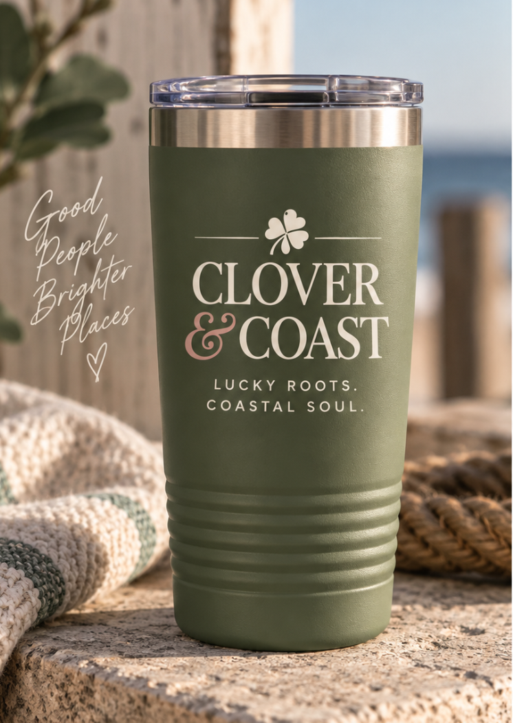 Clover & Coast Insulated Tumbler – 20oz Coastal Travel Cup | Lucky Roots, Coastal Soul