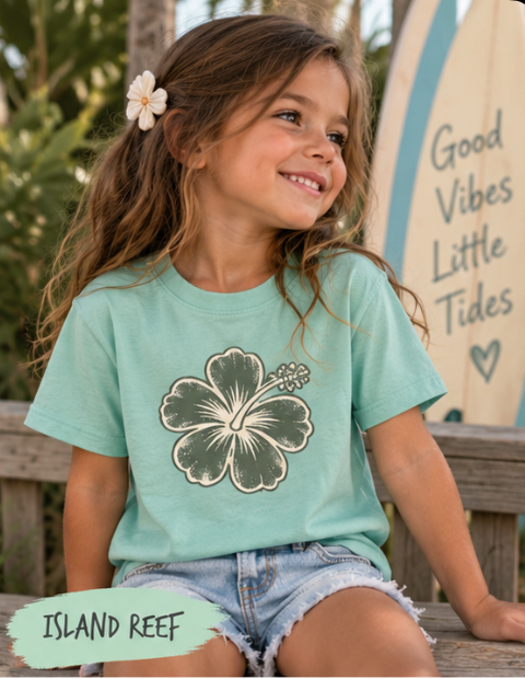 Kids Coastal Graphic T-Shirt | Beachy Comfort Colors Tee for Boys & Girls | Shells, Hibiscus, Waves, Moon & Sea Turtle