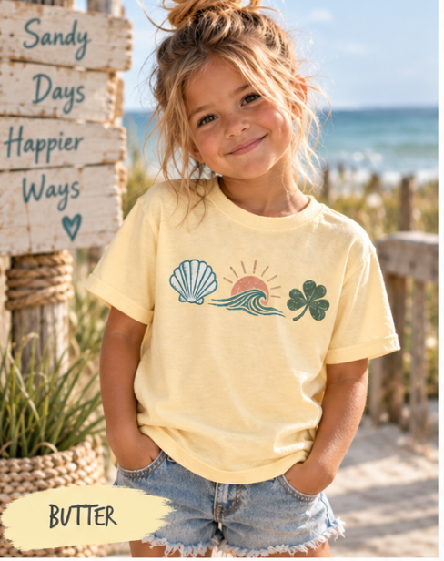 Kids Coastal Graphic T-Shirt | Beachy Comfort Colors Tee for Boys & Girls | Shells, Hibiscus, Waves, Moon & Sea Turtle