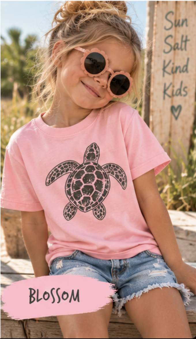 Kids Coastal Graphic T-Shirt | Beachy Comfort Colors Tee for Boys & Girls | Shells, Hibiscus, Waves, Moon & Sea Turtle