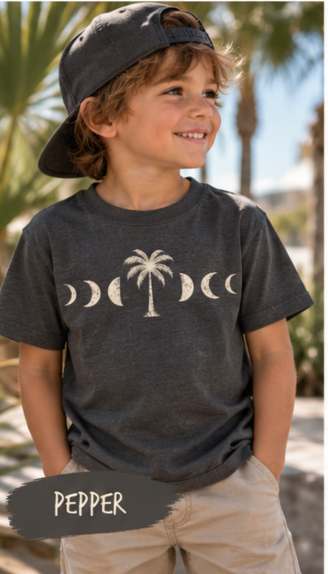 Kids Coastal Graphic T-Shirt | Beachy Comfort Colors Tee for Boys & Girls | Shells, Hibiscus, Waves, Moon & Sea Turtle