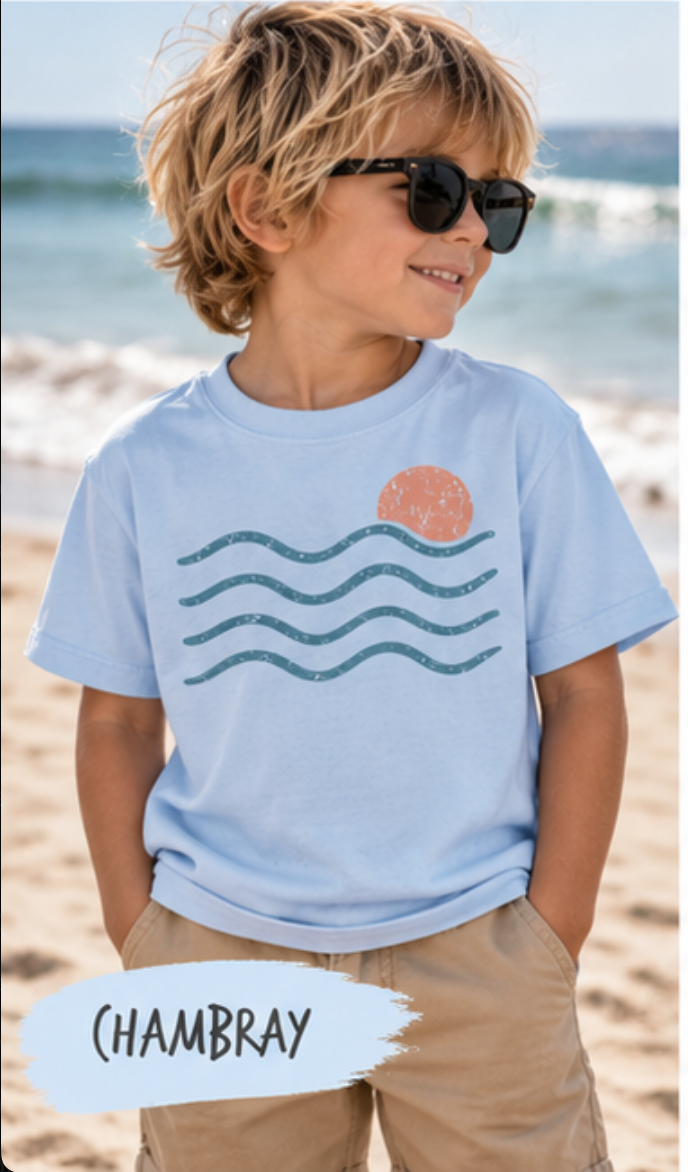 Kids Coastal Graphic T-Shirt | Beachy Comfort Colors Tee for Boys & Girls | Shells, Hibiscus, Waves, Moon & Sea Turtle