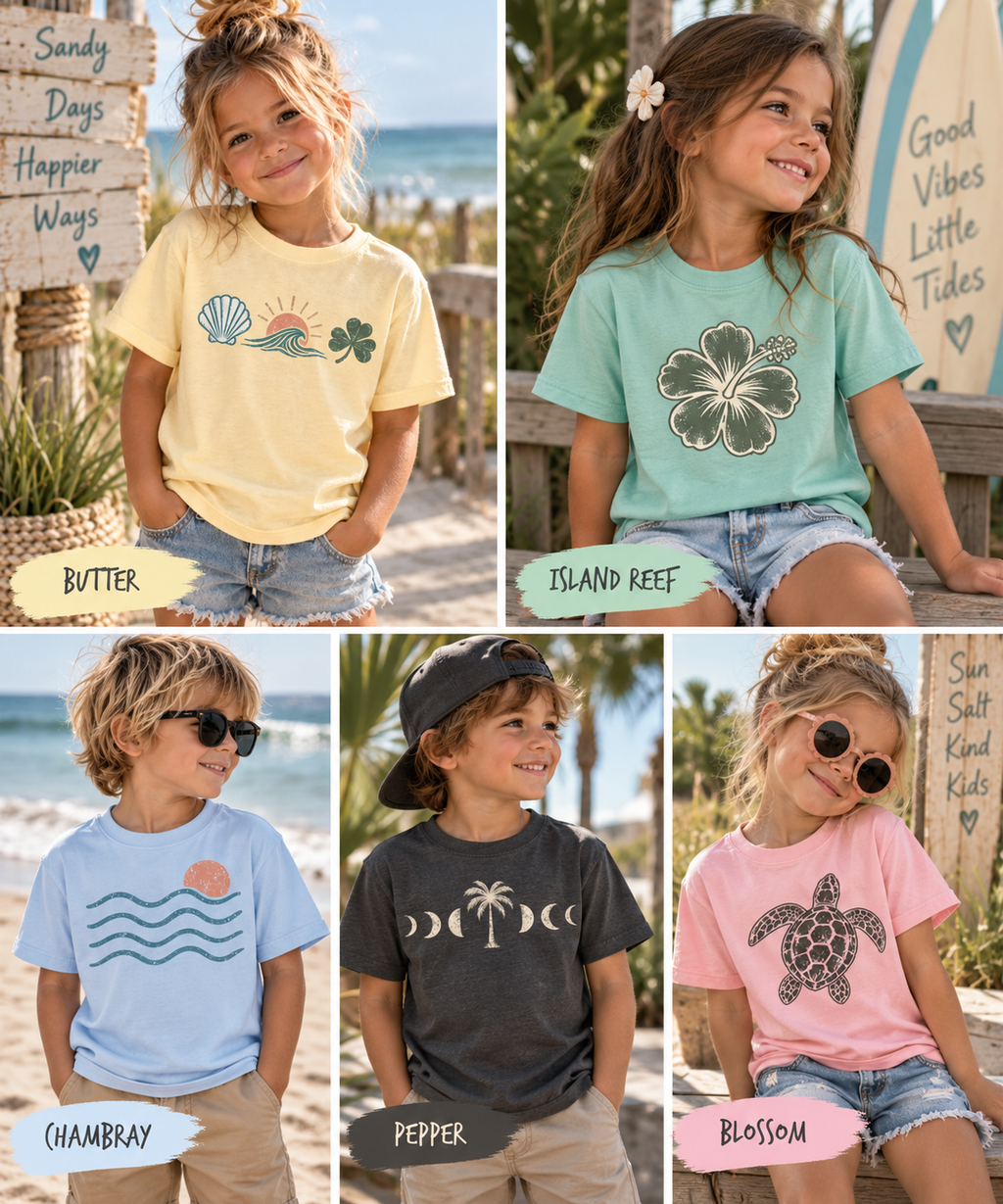 Kids Coastal Graphic T-Shirt | Beachy Comfort Colors Tee for Boys & Girls | Shells, Hibiscus, Waves, Moon & Sea Turtle