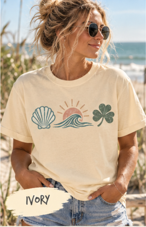 Coastal Graphic T-Shirt | Comfort Colors Beach Tee for Women | Sea Turtle, Hibiscus, Waves, Moon & Coastal Icons