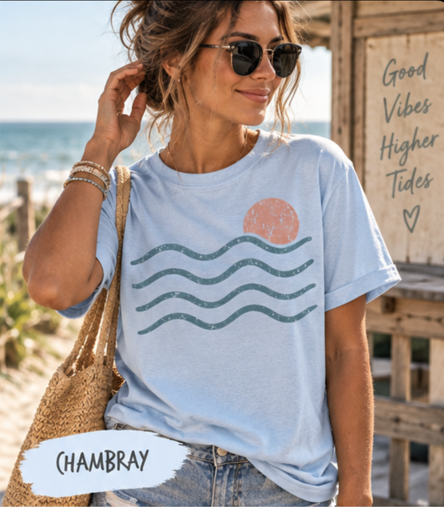 Coastal Graphic T-Shirt | Comfort Colors Beach Tee for Women | Sea Turtle, Hibiscus, Waves, Moon & Coastal Icons