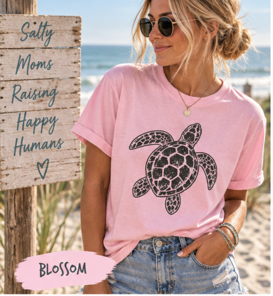 Coastal Graphic T-Shirt | Comfort Colors Beach Tee for Women | Sea Turtle, Hibiscus, Waves, Moon & Coastal Icons