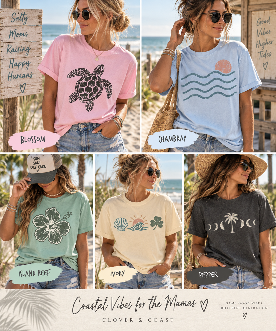 Coastal Graphic T-Shirt | Comfort Colors Beach Tee for Women | Sea Turtle, Hibiscus, Waves, Moon & Coastal Icons