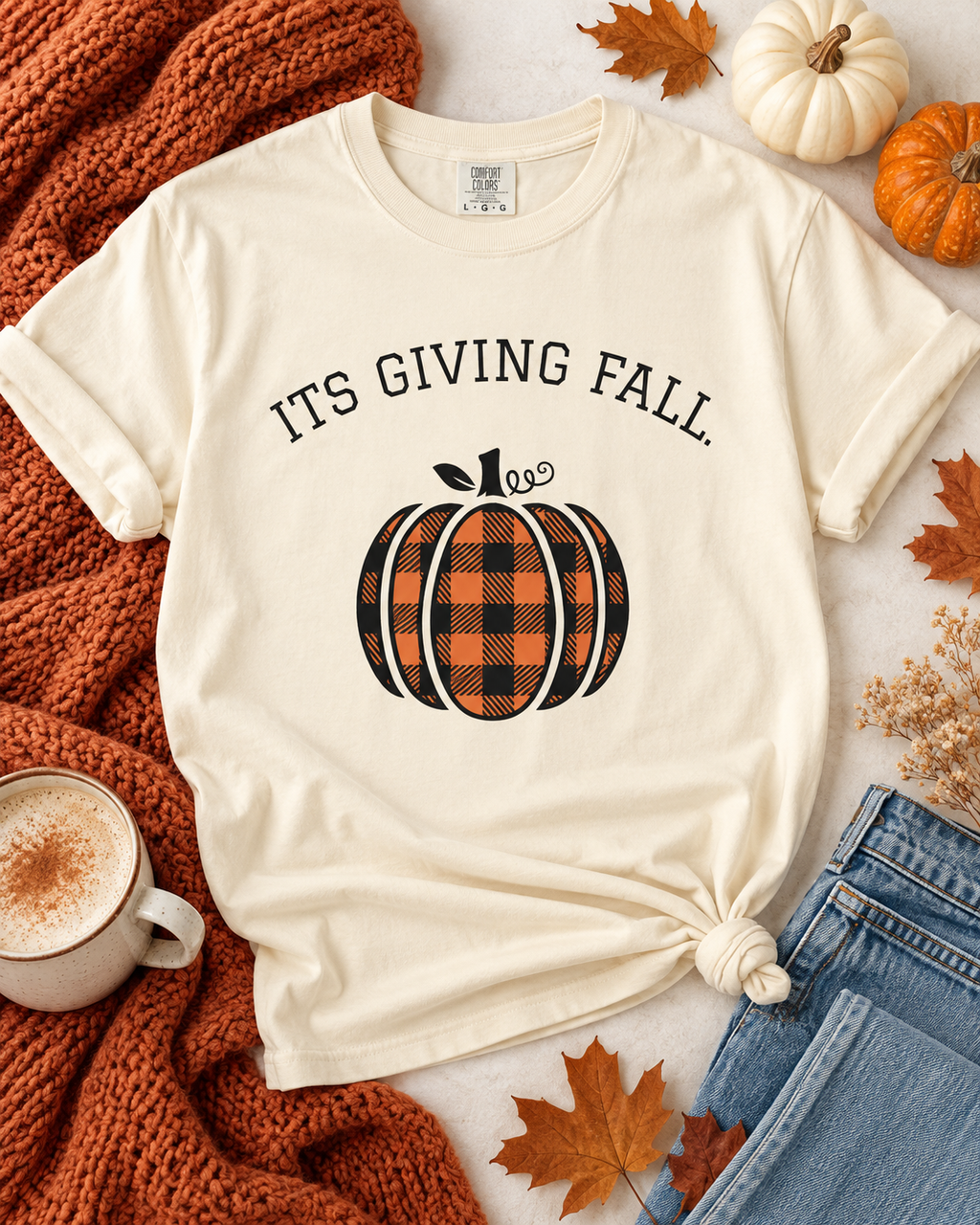 It’s Giving Fall T-Shirt | Plaid Pumpkin Graphic Tee | Cute Comfort Colors Fall Shirt | Cozy Autumn Tee