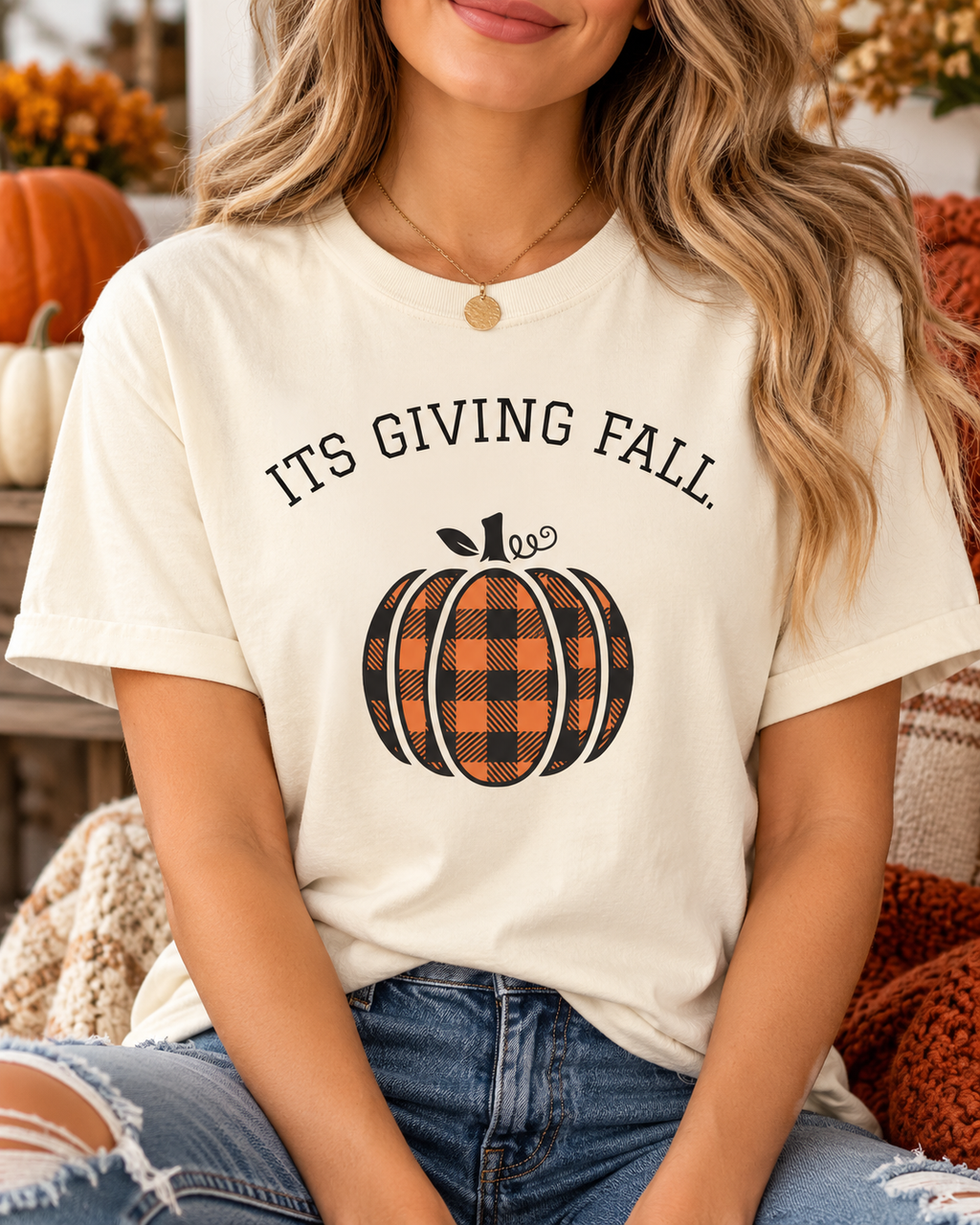 It’s Giving Fall T-Shirt | Plaid Pumpkin Graphic Tee | Cute Comfort Colors Fall Shirt | Cozy Autumn Tee