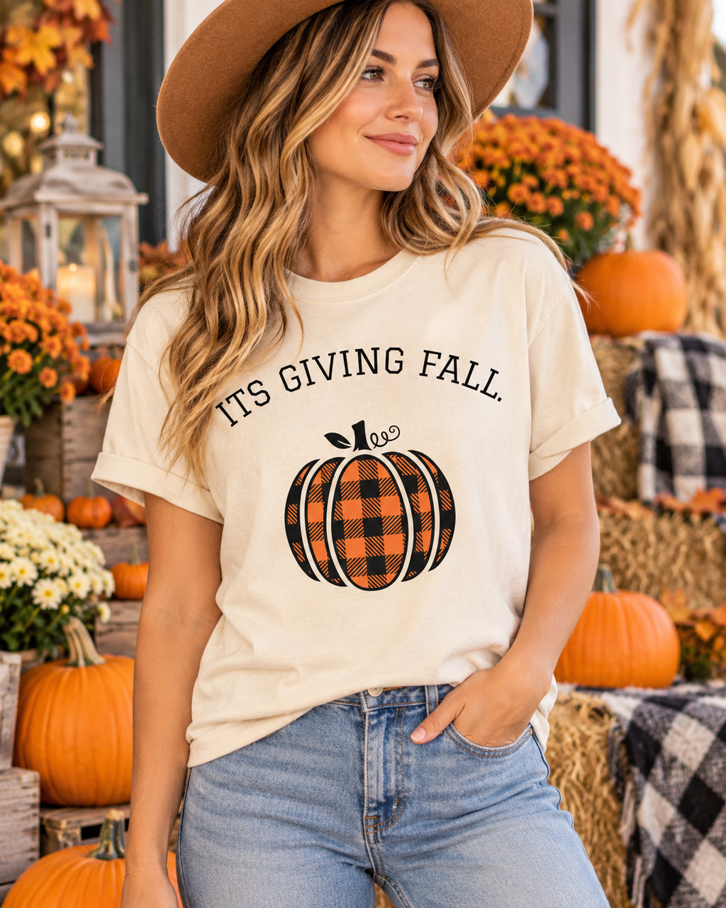 It’s Giving Fall T-Shirt | Plaid Pumpkin Graphic Tee | Cute Comfort Colors Fall Shirt | Cozy Autumn Tee